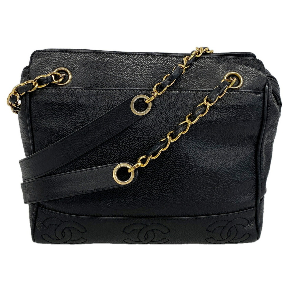 Chanel Triple Coco Caviar Leather Shoulder Bag, Black, Women's, P3514695
